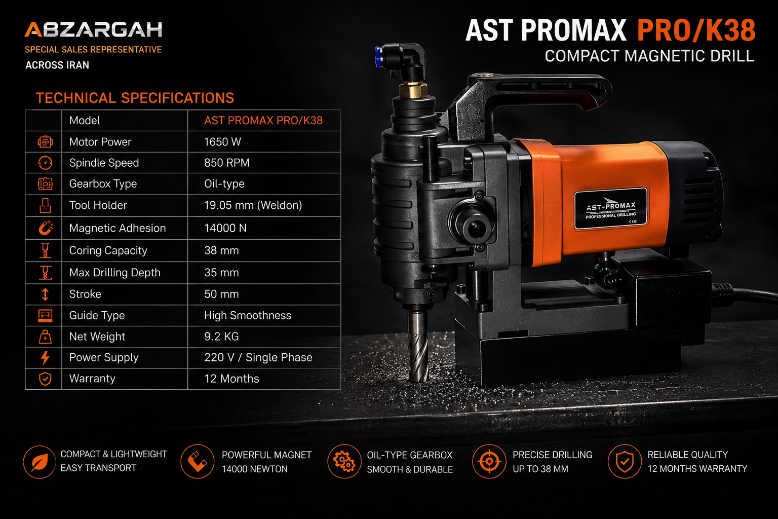 مشخصات فنی دستگاه دریل مگنت کوچک AST PROMAX PRO/K38